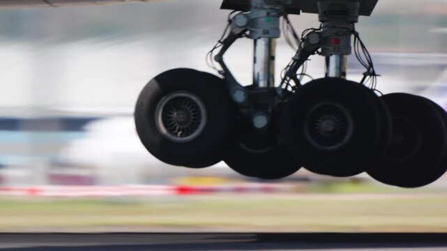 Close up slow motion of wide body commercial aircraft main landing gear touching down on runway, tires smoking on impact, blurred airport background, daytime natural light.