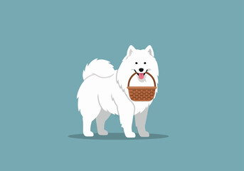 Naklejka premium Cute Samoyed dog carrying a basket with flowers outdoors