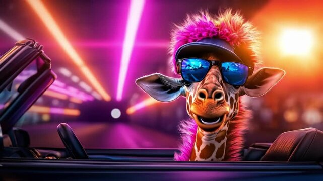 Funky giraffe wearing sunglasses and hat driving car at night, unique and cool animal concept for entertainment and fun backgrounds, summer trip and cool party themes