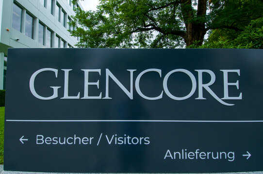 Glencore corporate logo sign close-up in Baar Switzerland