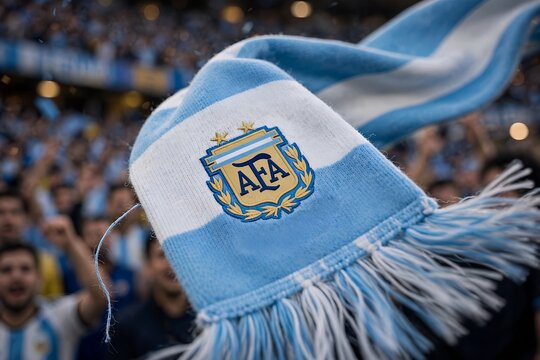 Argentina national football team scarf featuring the iconic afa crest held up by a fan at a bustling stadium, perfect for soccer culture, international tournament, and travel themes