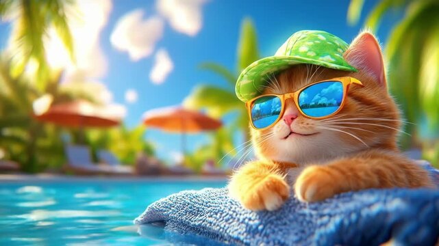 A cute kitten with green baseball cap and sunglasses is relaxing by the swimming pool on sunny vacation day at the beach, enjoying the summer weather