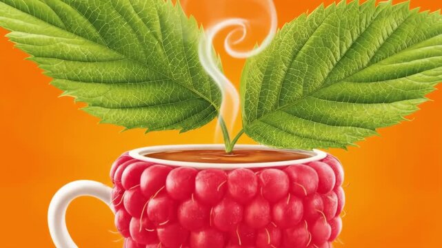 Raspberry shaped cup with green leaves on orange background with steam rising from the top. Concept of natural herbal tea or healthy drink.