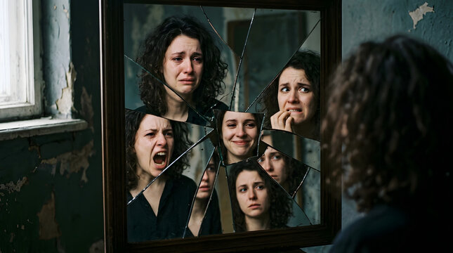 Woman Looking into a Shattered Mirror Reflecting Multiple Conflicting Emotions and Personalities