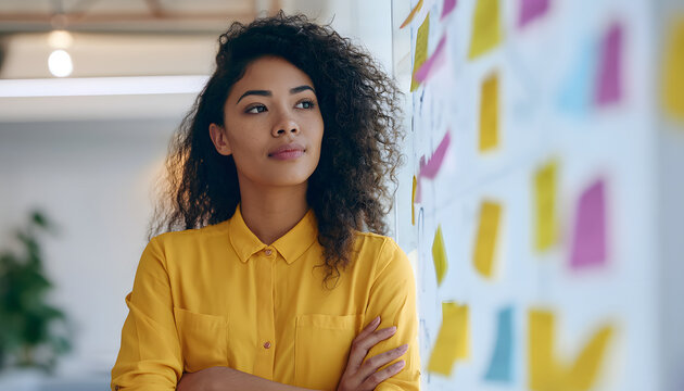 A young lady designs social media content, standing near a whiteboard with colored sticky notes. A female employs a visual schedule to organize her tasks and workflow.
