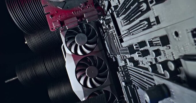 Inside a motherboards with large cooling radiator and fans. 