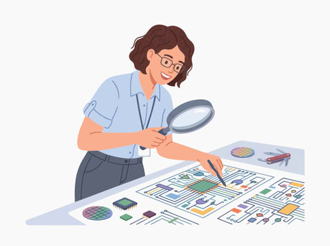 A woman with glasses is examining a circuit board with a magnifying glass and a pen. She appears focused and diligent as she studies the intricate details of the electronic component.