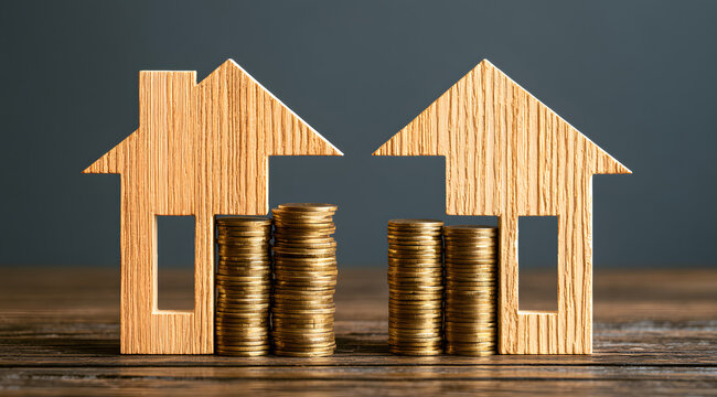 Half of a house displays piles of golden coins, real estate matters, property disagreement, marital assets division, financial idea, riches.
