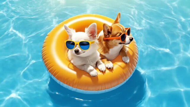 Two cute adorable dogs wearing sunglasses relaxing on an inner tube float in bright blue sunlit swimming pool for summer holiday and pet animal concept