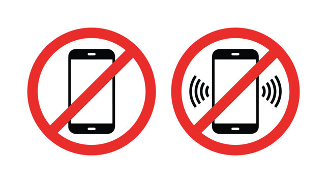 No Mobile Phone Allowed Signs. Two graphic signs prohibiting mobile phone usage and ringing. warning sign, prohibition symbol, mobile device, no smartphone.