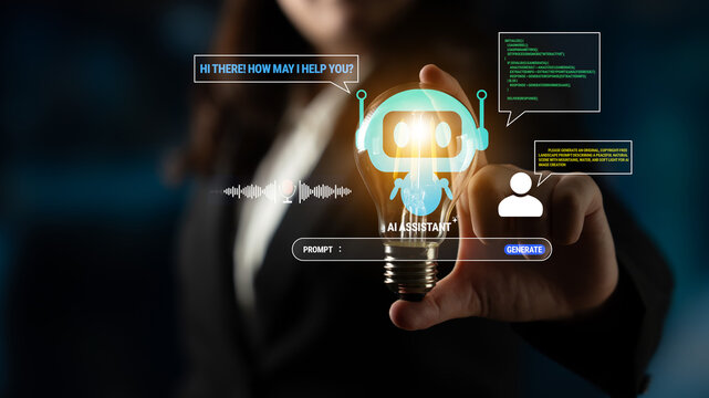 AI assistant concept with chatbot interaction and lightbulb, technology interface showing user engagement and helpfulness in modern communication Quark.