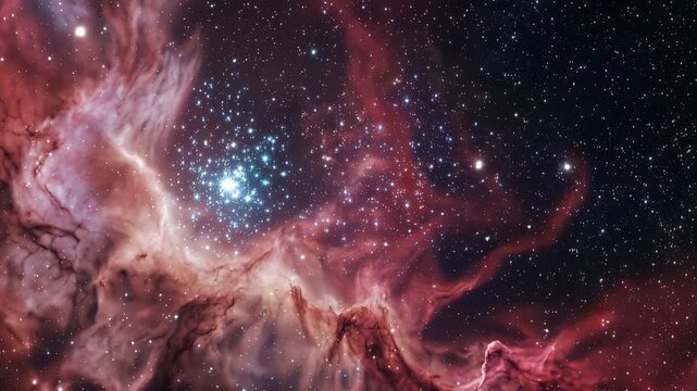 Stunning cosmic nebula with vibrant red gas clouds and bright star clusters in deep space 4k video