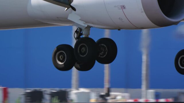 Extreme closeup of wide body commercial aircraft main landing gear during landing approach and touchdown, wheels spinning up with tire smoke on runway, airport background, daylight.