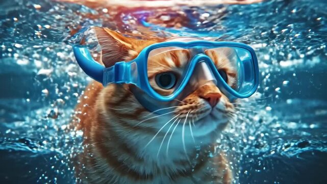 Red cat swimming underwater with goggles. Domestic animal enjoying water with splash and bubbles. Concept of fun pet activities and summer leisure time in the pool.