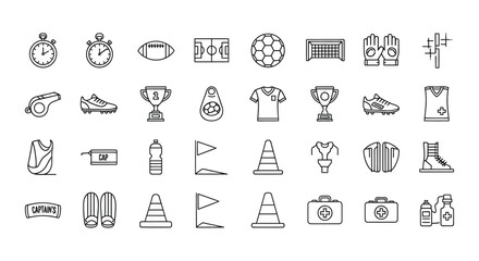 Sports Equipment Line Icons On White Background © Sagor
