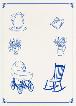 Blue ink outlines forming a collection of vintage domestic objects, showing a baby carriage, rocking chair, and decorative vases