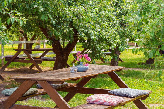 Cozy picnic and relaxation area with wooden table under shady trees. Outdoor cafe atmosphere in a green garden, perfect for leisure, travel, family gatherings and summer relaxation in nature.
