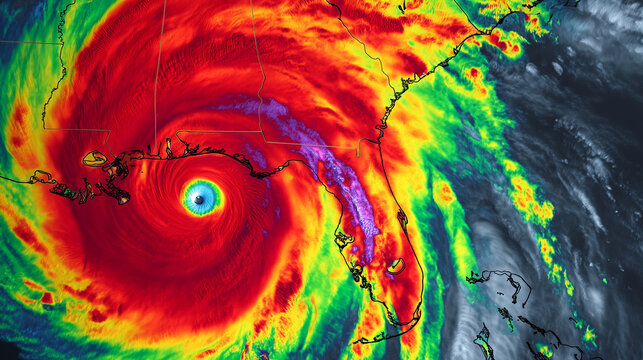 Colorized satellite image of hurricane over coastline, extreme weather radar map, tropical cyclone eye, meteorology and climate concept Prompt hyper realistic scientific weather vi