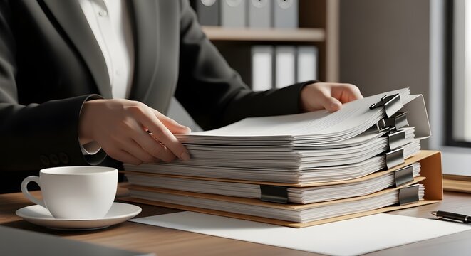Professional reviewing large stack of business documents, useful for administration, legal paperwork, finance reports, audit, office workload and corporate content