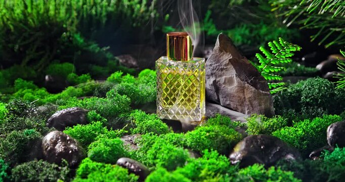 Fresh golden perfume on moss in dark hazy forest.