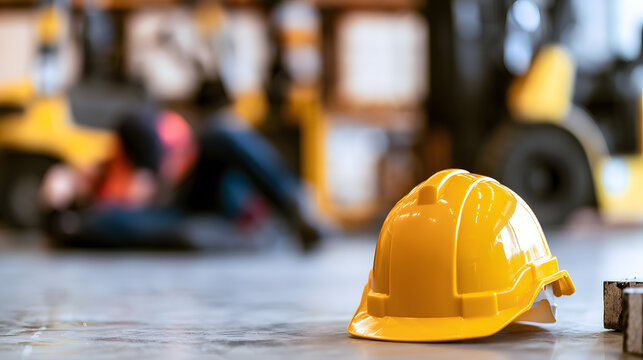 On the warehouse floor, a blurred yellow safety helmet is visible alongside an injured worker and a blurred forklift, symbolizing a workers' compensation and labor law claim.