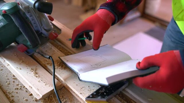 A carpenter taking notes in a notebook on a messy workbench filled with sawdust, wooden planks, hand tools, and blue safety helmet.