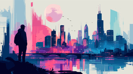 A lone figure stands on a riverbank, gazing at a vibrant, abstract city skyline illuminated by a pink moon, reflecting in the water with a painterly style. © Ulum