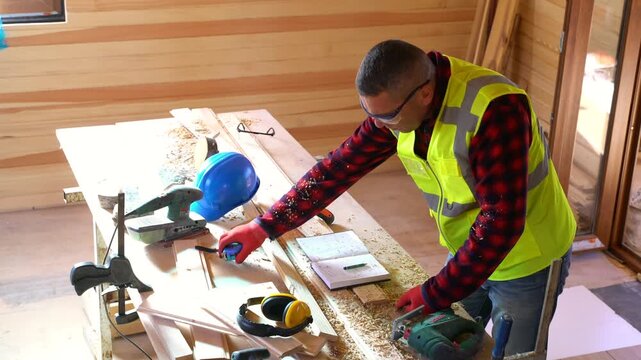 A carpenter taking notes in a notebook on a messy workbench filled with sawdust, wooden planks, hand tools, and blue safety helmet.