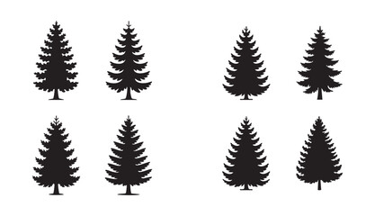 Set of black spruce tree silhouettes isolated on transparent background for winter forest graphic. © MdAbdul