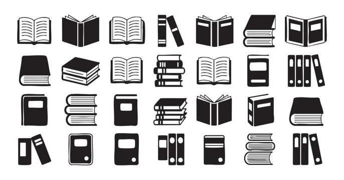 Professional library icons with book stacks binders and open volumes for academic resource graphics.
