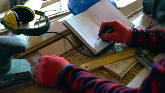 A carpenter taking notes in a notebook on a messy workbench filled with sawdust, wooden planks, hand tools, and blue safety helmet.