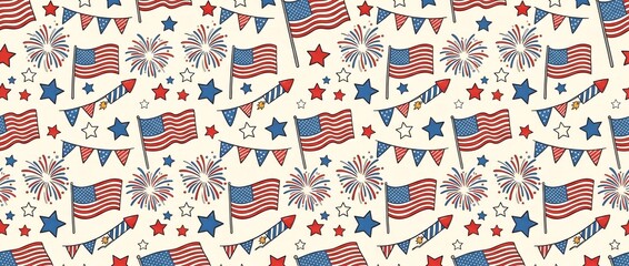 Fototapeta premium Seamless Patriotic 4th of July Pattern — American Flags, Fireworks and Stars