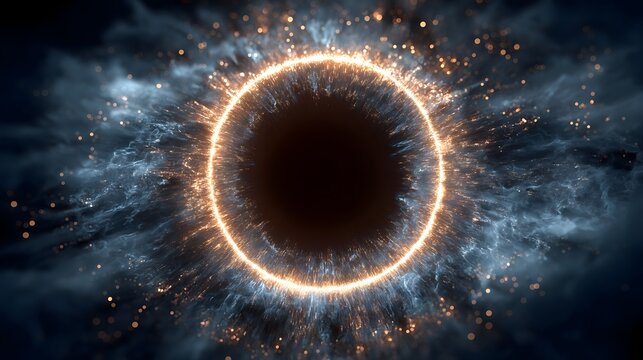Dramatic glowing orange ring of fire energy burst with dark void center surrounded by blue cosmic dust particles on dark background