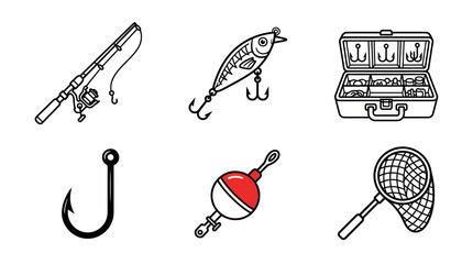 Fishing gear icons including rod lure tackle box hook and bobber © nafal