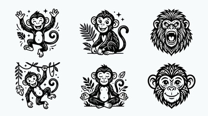 Playful monkey character icon set for wildlife branding © nafal
