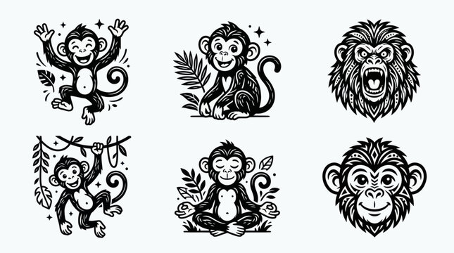 Playful monkey character icon set for wildlife branding