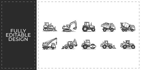 Industrial construction and heavy machinery vehicles hand drawn doodle icons set for engineering and architectural project development graphics © Ashik  Khan