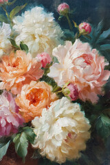 Obraz premium Oil painting featuring a still life composition of blooming peonies in a vibrant floral art setting