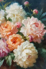Oil painting featuring a still life composition of blooming peonies in a vibrant floral art setting © Anneleven