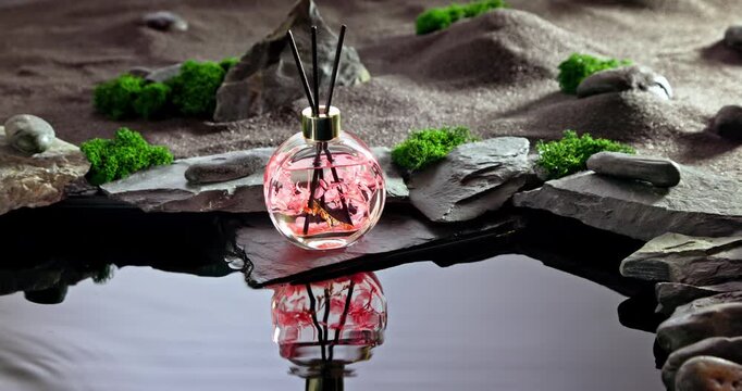 Red fragrance diffuser on a lunar landscape with small pond.