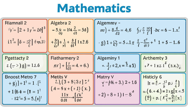 A colorful infographic displaying various mathematical formulas and equations categorized by subject.