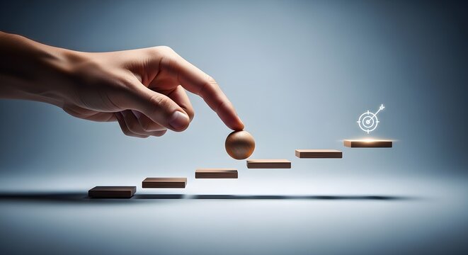 Hand pushing wooden ball up floating steps towards a target bullseye. Perfect concept for business goal setting, personal development, marketing progress, and strategic planning presentations.