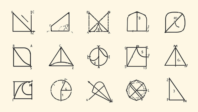 A grid of fifteen intricate geometric diagrams illustrating various mathematical concepts and constructions with lines, angles, and shapes.