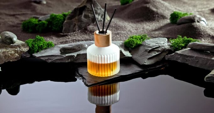 Intense fragrance diffuser on a lunar landscape with small pond.
