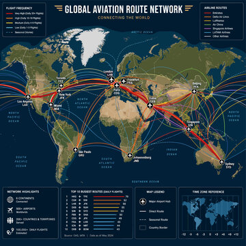 Global Aviation Route Network Map Illustrating Worldwide Flight Connections and Major Airline Routes.