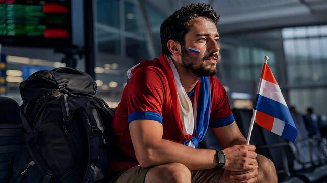 Russian football fan waiting at the airport holding a flag before a match