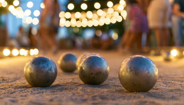 People engage in an outdoor game of bocce during the evening, under string lights.