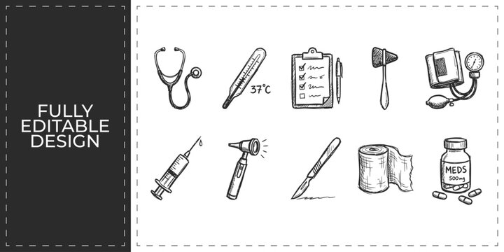 Medical emergency and clinical diagnostic tools hand drawn doodle icons set for healthcare center and professional nursing care promotion design