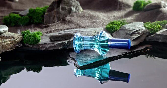 Modern blue perfume in an oasis on stony black desert.