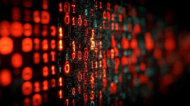 Binary code wall with glowing digits, representing cybersecurity threat, data systems, and digital information processing.
